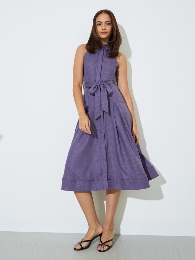 Styli Purple Sleeveless Shirt Midi Dress with Tie-Belt - Image 2