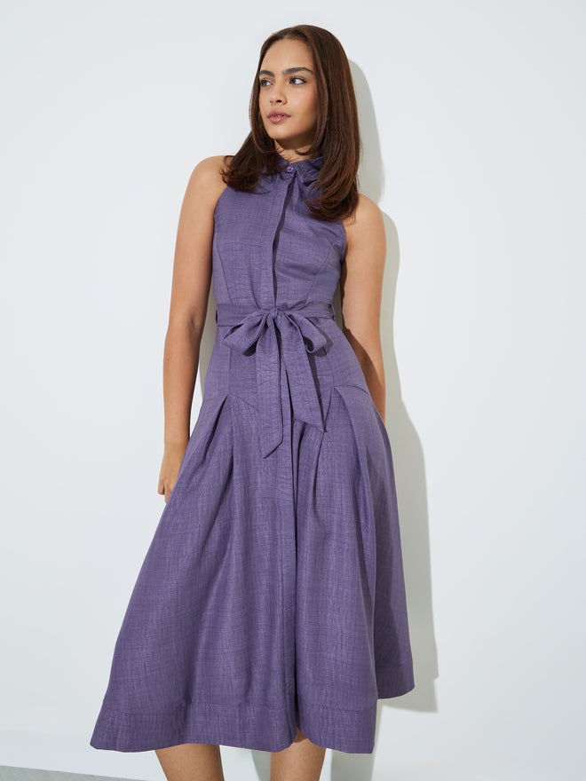Styli Purple Sleeveless Shirt Midi Dress with Tie-Belt - Image 3
