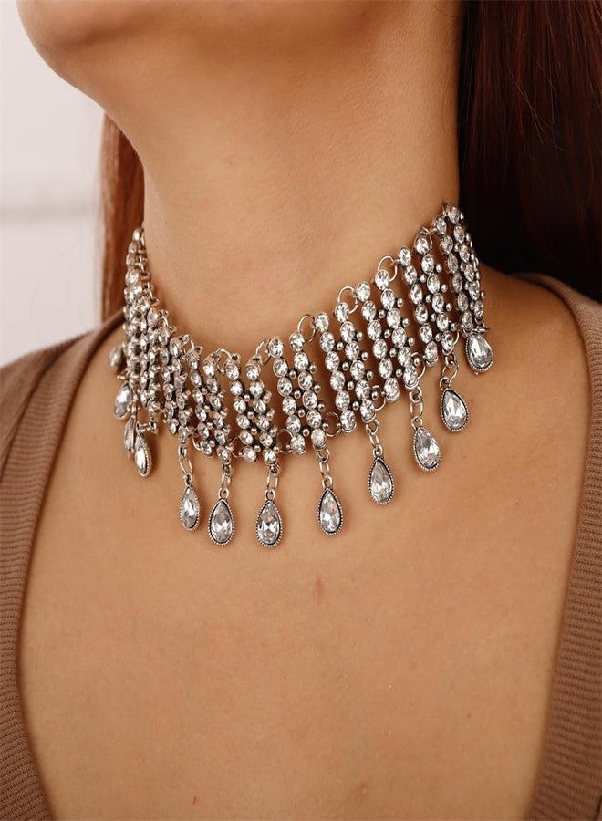 Aimimier Boho Sparkling Full Rhinestone Choker Necklace Teardrop Crystal Tassel Wide Collar Bib Necklace Wedding Prom Party Accessories for Women - Image 3