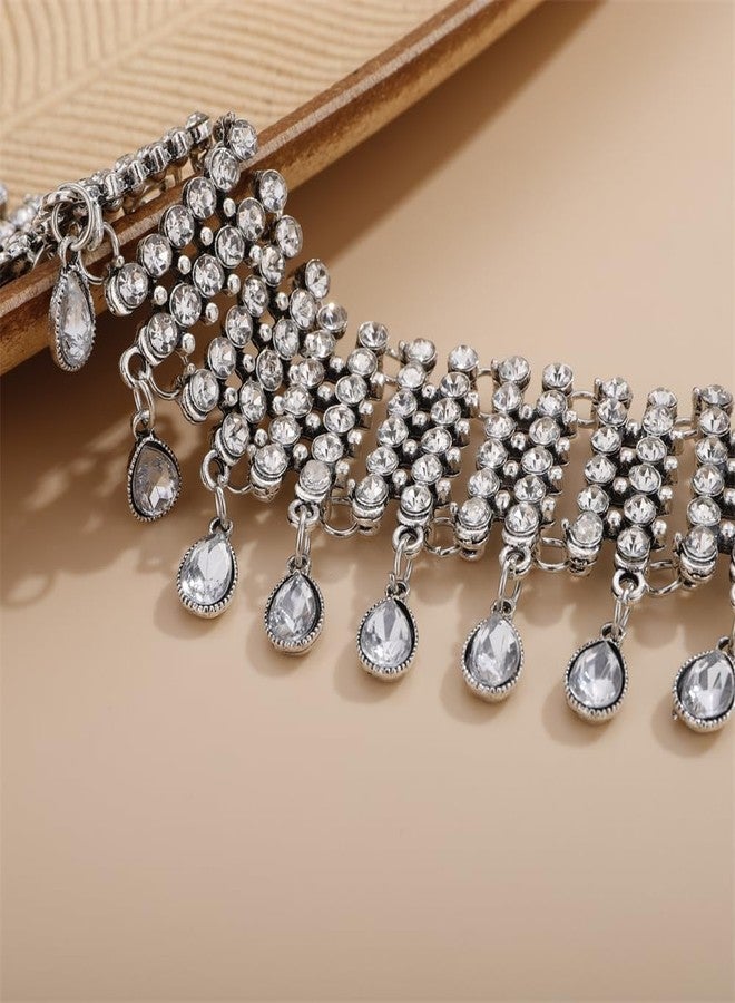 Aimimier Boho Sparkling Full Rhinestone Choker Necklace Teardrop Crystal Tassel Wide Collar Bib Necklace Wedding Prom Party Accessories for Women - Image 5