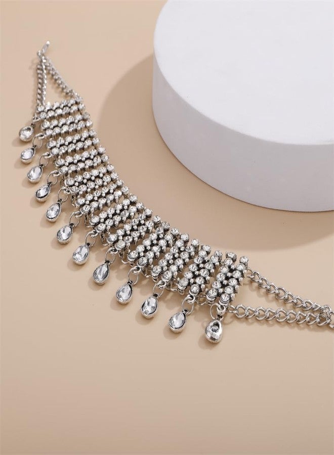 Aimimier Boho Sparkling Full Rhinestone Choker Necklace Teardrop Crystal Tassel Wide Collar Bib Necklace Wedding Prom Party Accessories for Women - Image 4