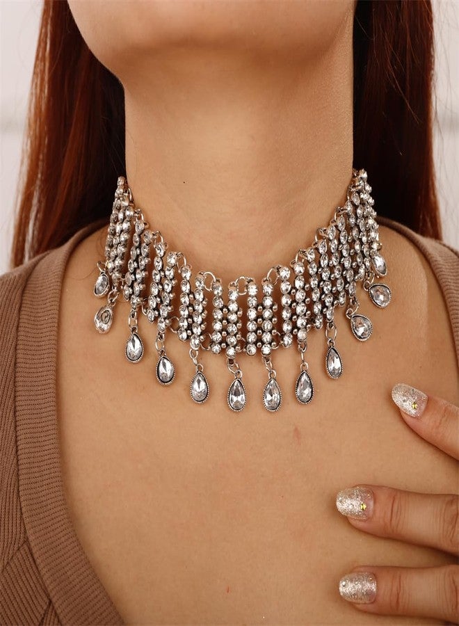 Aimimier Boho Sparkling Full Rhinestone Choker Necklace Teardrop Crystal Tassel Wide Collar Bib Necklace Wedding Prom Party Accessories for Women - Image 2