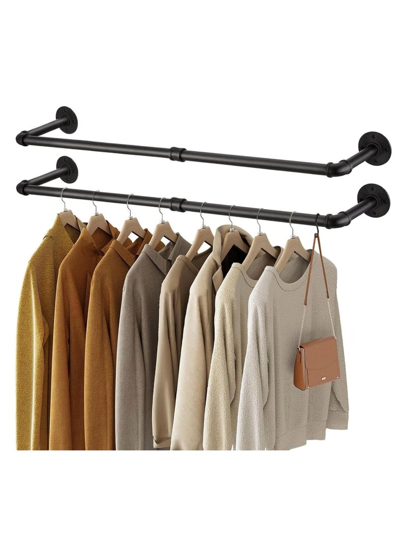 Clothes Rack, 36.2 Inch Industrial Pipe Wall Mounted Rack, Space-Saving Hanging Clothes Heavy Duty Detachable Garment Bar, Multi-Purpose Hanging Rod for Closet 2 Base (2 Pack)