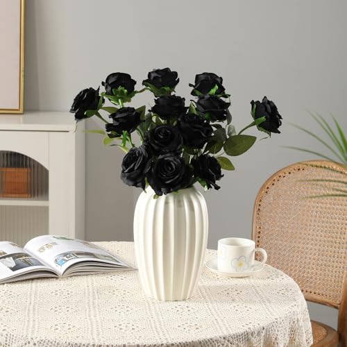 Tifuly Black Roses Artificial Flowers -12 pcs Realistic Single Long Stem Fake Silk Roses Bouquet for Party Home Wedding Centerpiece Office Halloween DIY Decor - Image 3