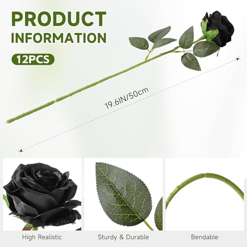 Tifuly Black Roses Artificial Flowers -12 pcs Realistic Single Long Stem Fake Silk Roses Bouquet for Party Home Wedding Centerpiece Office Halloween DIY Decor - Image 2