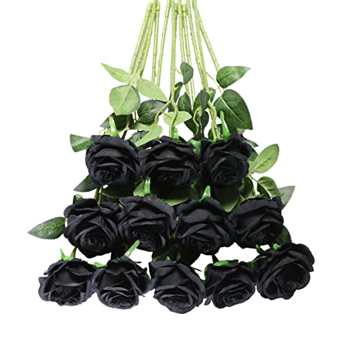 Tifuly Black Roses Artificial Flowers -12 pcs Realistic Single Long Stem Fake Silk Roses Bouquet for Party Home Wedding Centerpiece Office Halloween DIY Decor - Image 1