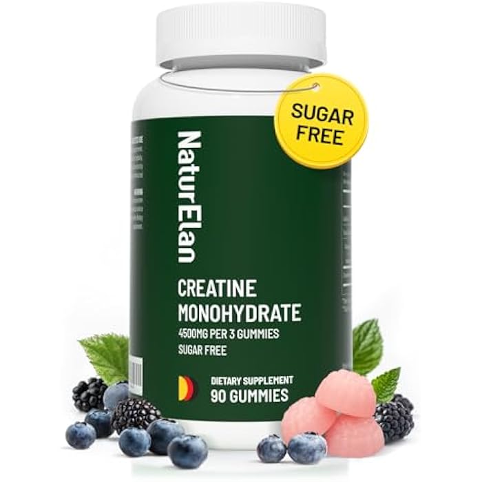NaturElan جومي كرياتين مونوهيدرات للرجال والنساء - إمداد لشهر واحد، نمو العضلات، القوة والتعافي الأسرع، خالي من السكر، نباتي، خالي من الجلوتين، غير معدل وراثيًا، بنكهة التوت، مختبر من طرف ثالث - 90 جومي - Image 1