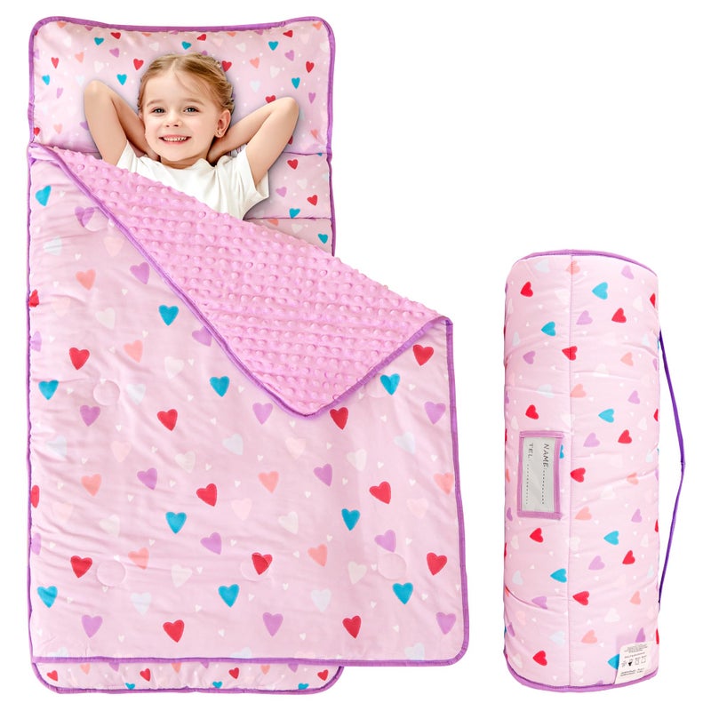 Viviland Toddler Kid Nap Mat for Preschool, Girls Heart Slumber Bag, Purple Daycare Sleeping Mats with Pillow and Blanket, Kindergarten Sleep Mat - Image 1