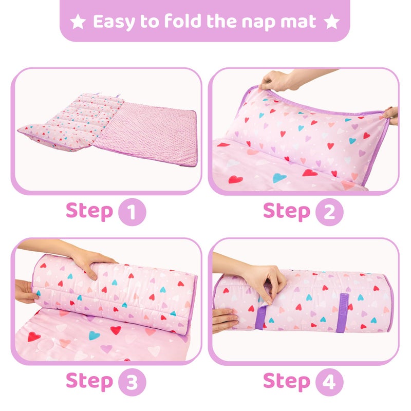 Viviland Toddler Kid Nap Mat for Preschool, Girls Heart Slumber Bag, Purple Daycare Sleeping Mats with Pillow and Blanket, Kindergarten Sleep Mat - Image 5