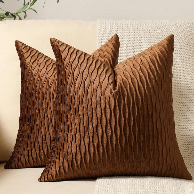 DEZENE Light Brown Throw Pillow Cases 2 Pack 24x24 Inch Original Stripe Velvet Square Decorative Pillow Covers for Farmhouse Couch