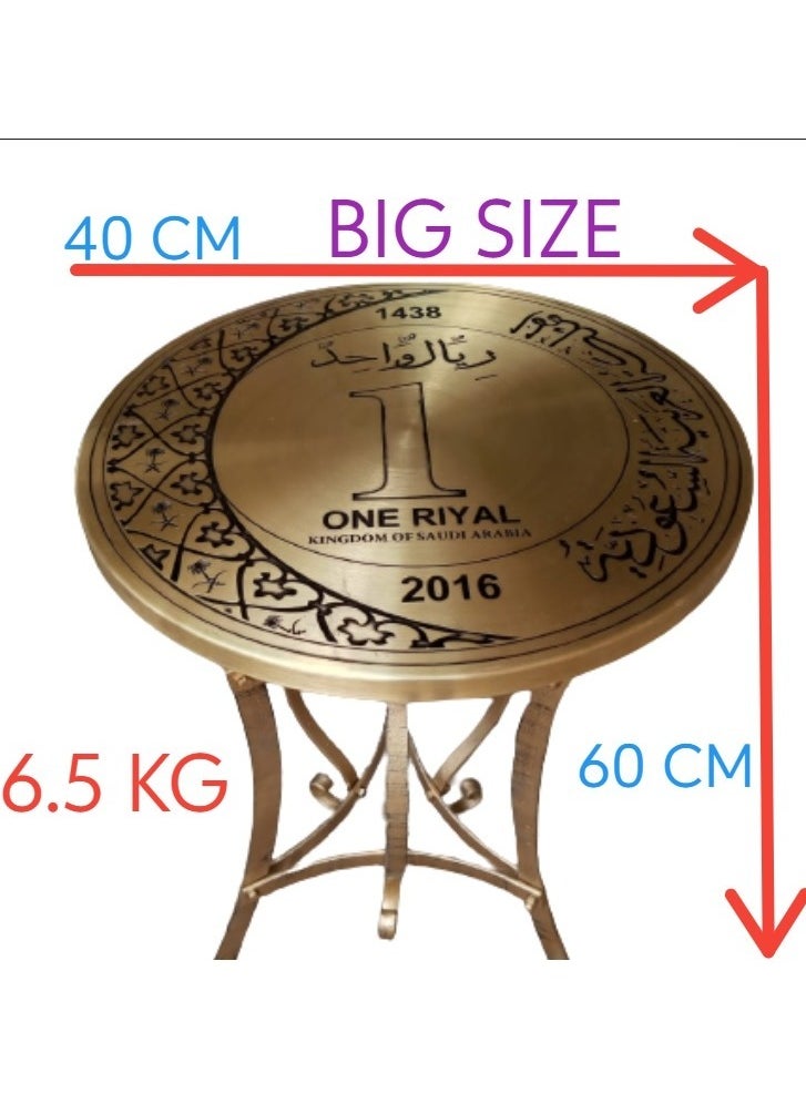 Antique copper table set with a pure copper disc decorated with the Saudi riyal logo, a set of 3 pieces of different sizes