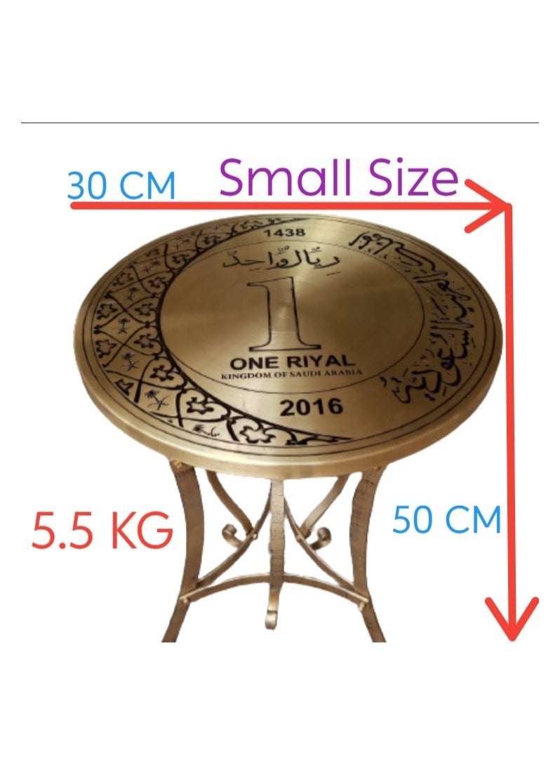 Antique copper table set with a pure copper disc decorated with the Saudi riyal logo, a set of 3 pieces of different sizes