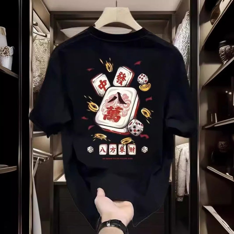 National Fashion Bofang Laicai Mahjong Printed Short-Sleeved T-Shirt Men'S Fashion Brand Slim-Fit Round Neck Half-Sleeve Base Shirt - Image 2