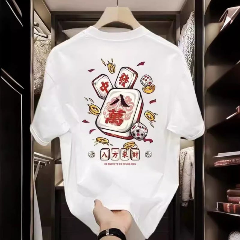 National Fashion Bofang Laicai Mahjong Printed Short-Sleeved T-Shirt Men'S Fashion Brand Slim-Fit Round Neck Half-Sleeve Base Shirt - Image 1