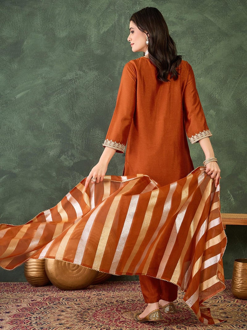 Naixa Women's Vichitra Silk Siquinned Embroidered Straight Kurta with Pant and Dupatta Sets (NX-M-Mojili-Orange-S) - Image 4