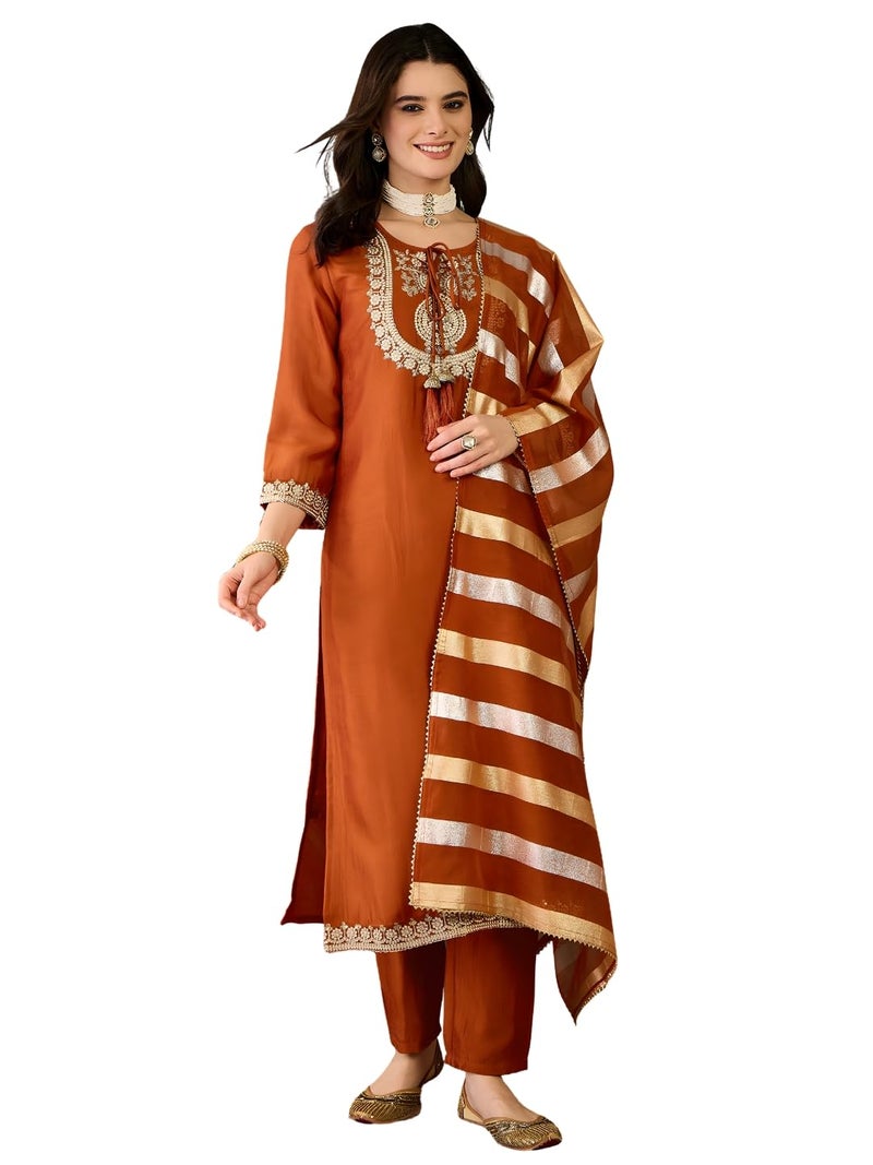 Naixa Women's Vichitra Silk Siquinned Embroidered Straight Kurta with Pant and Dupatta Sets (NX-M-Mojili-Orange-S) - Image 1