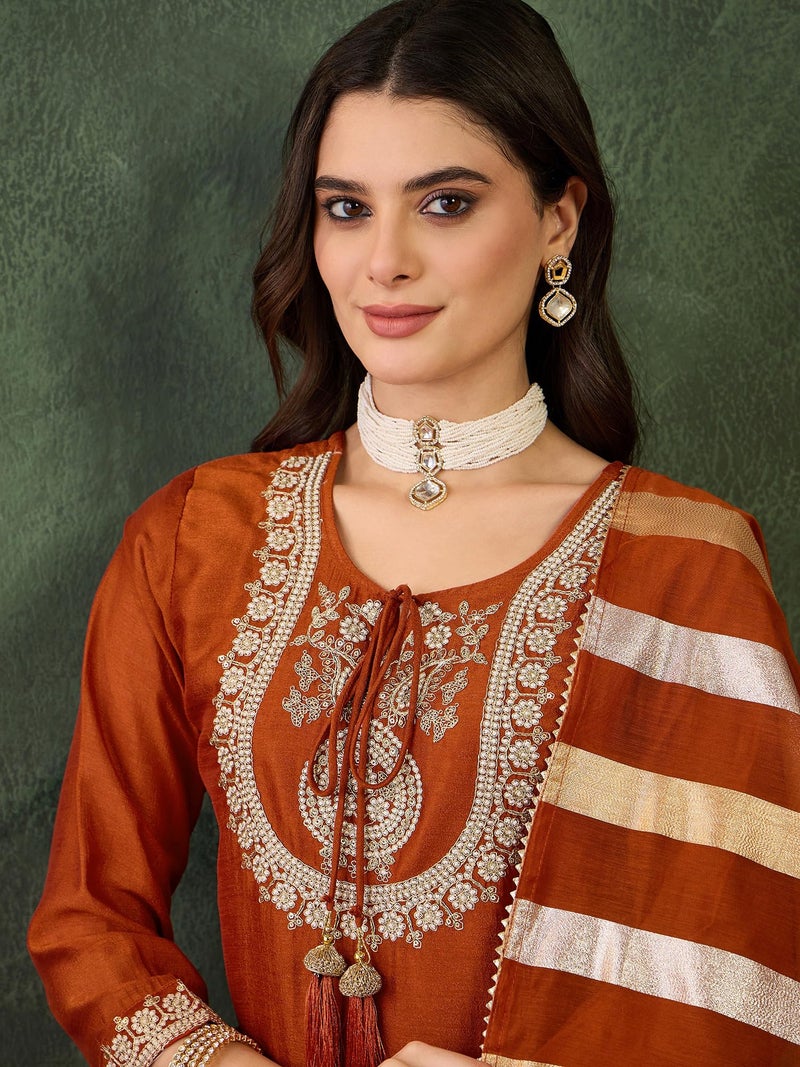 Naixa Women's Vichitra Silk Siquinned Embroidered Straight Kurta with Pant and Dupatta Sets (NX-M-Mojili-Orange-S) - Image 5