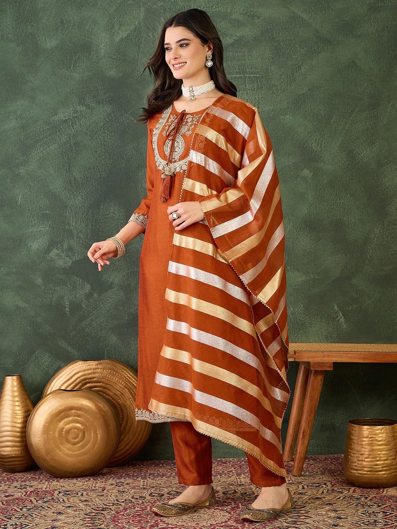 Naixa Women's Vichitra Silk Siquinned Embroidered Straight Kurta with Pant and Dupatta Sets (NX-M-Mojili-Orange-S) - Image 3