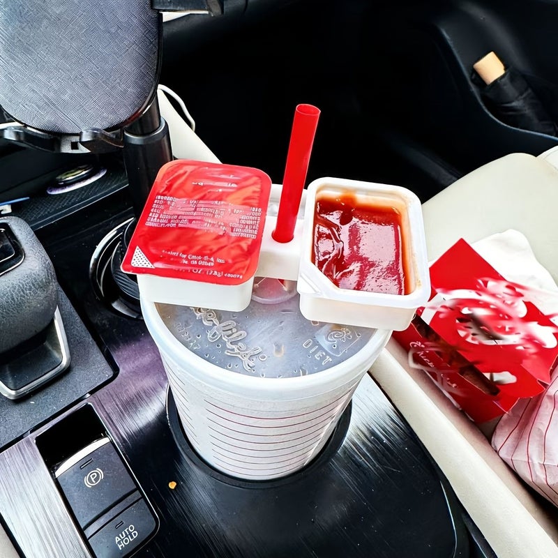 White Universal Car Cup Holder Insert 2 Compartment Sauce Dip Container for Ketchup - Image 2