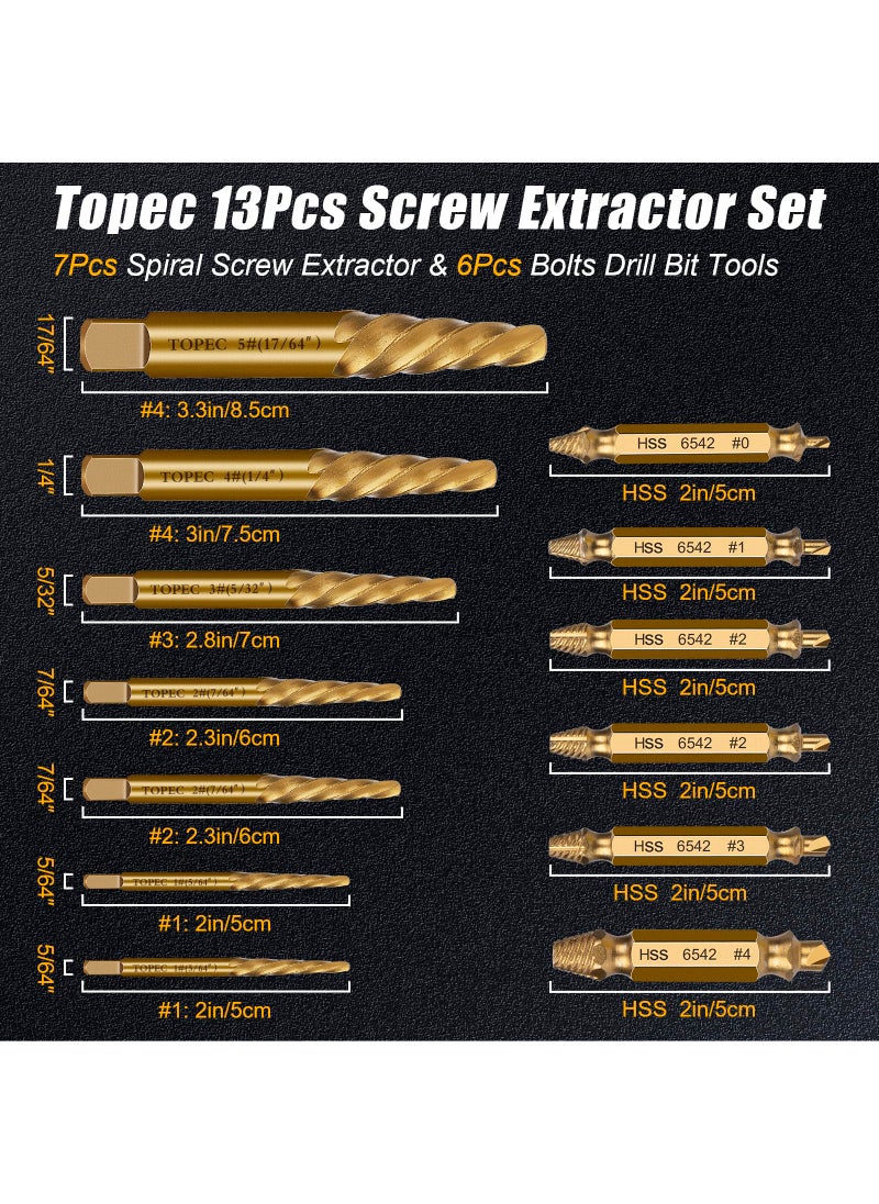 Topec Topec Damaged Screw Extractor Set 13Pcs, Spiral Screw Extractor for Stripped Screws Nuts & Bolts, Golden Easy Out Bolt Extractor Set Drill Bit Tools for Easy Removal of Rusty Broken Hardware  - Image 3