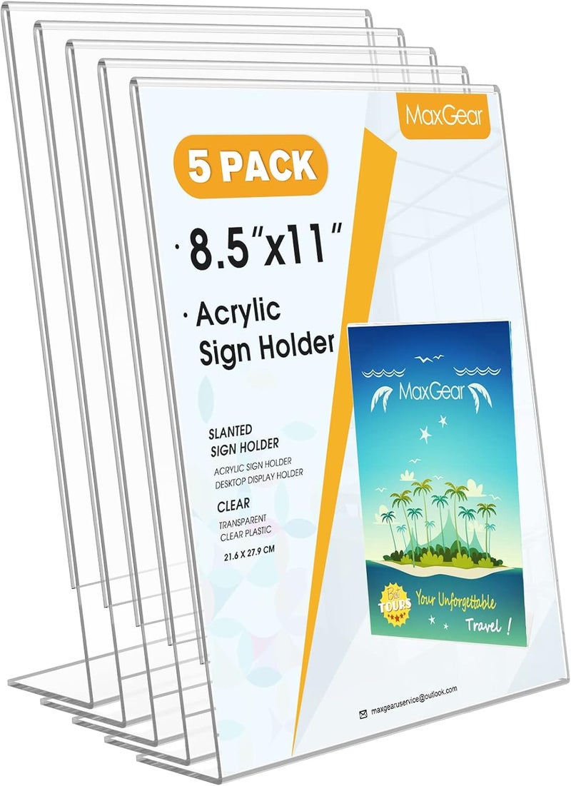 MaxGear Acrylic Sign Holder, Clear Sign Holders Plastic Display Stand 8.5 x 11 Inches Slant Back Countertop Display Picture Frames for Menus, Flyer, Use In Office, Store, 5 Pack - Image 1