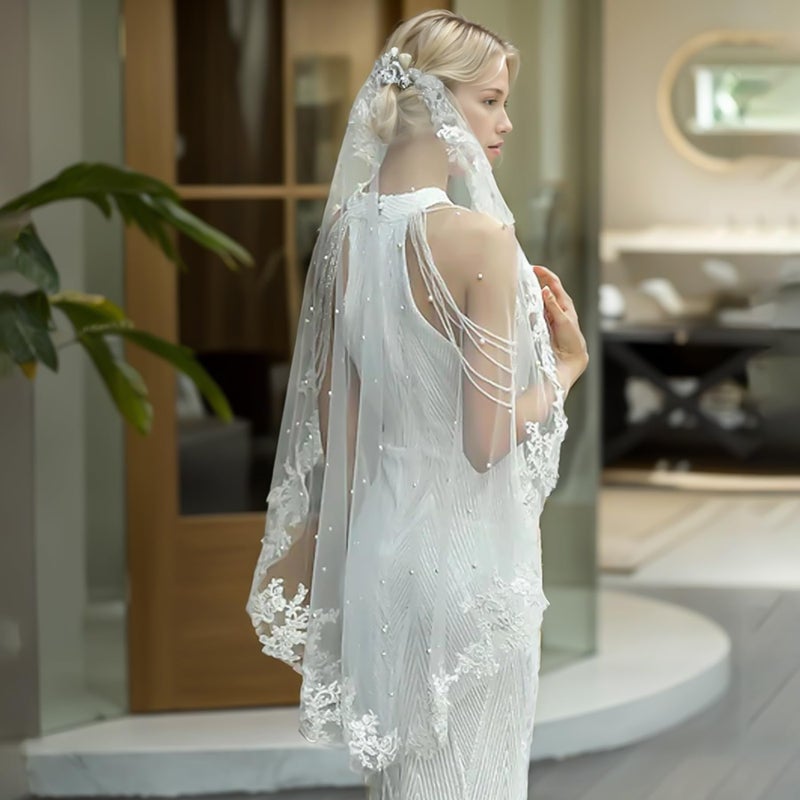 Ohmique Lace Veil Bridal Veil Cathedral White with Comb Lace Pearl Elbow for Bride and Women Wedding Pearl Cathedral Wedding Long (Off white) - Image 5
