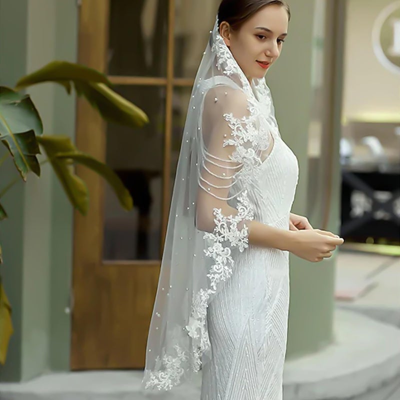 Ohmique Lace Veil Bridal Veil Cathedral White with Comb Lace Pearl Elbow for Bride and Women Wedding Pearl Cathedral Wedding Long (Off white) - Image 3