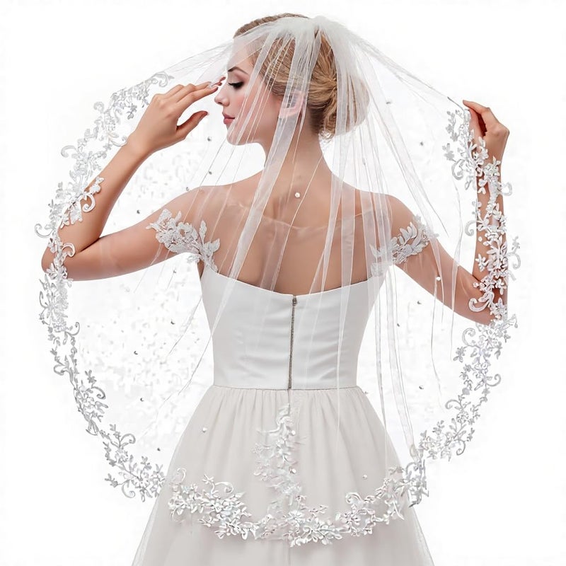 Ohmique Lace Veil Bridal Veil Cathedral White with Comb Lace Pearl Elbow for Bride and Women Wedding Pearl Cathedral Wedding Long (Off white) - Image 1