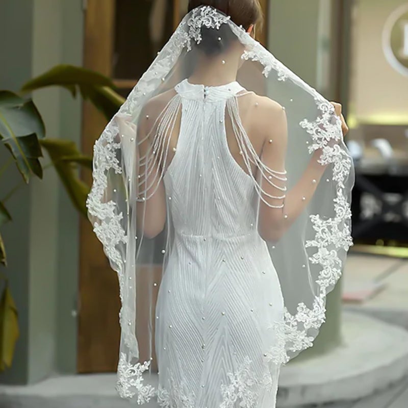 Ohmique Lace Veil Bridal Veil Cathedral White with Comb Lace Pearl Elbow for Bride and Women Wedding Pearl Cathedral Wedding Long (Off white) - Image 2