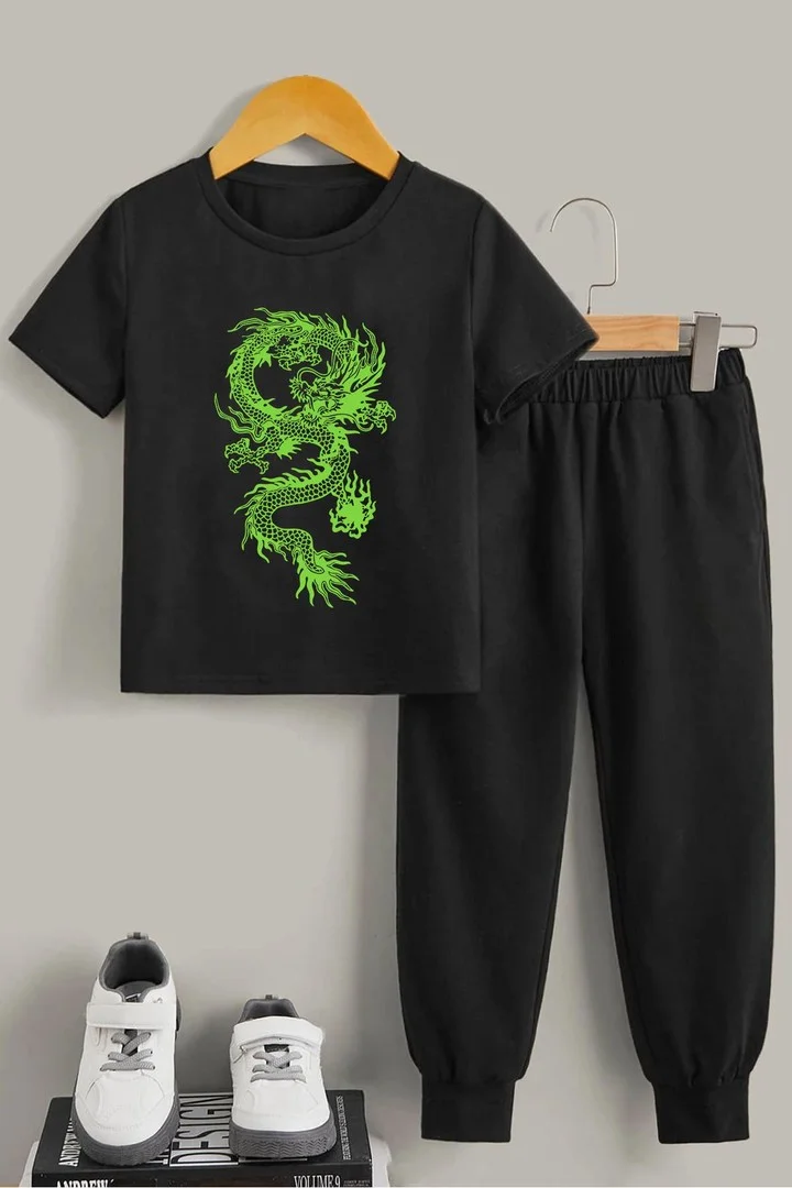 ONLYTRENDWEAR Childrens Chinese Dragon Bottom - Top Tracksuit Set 3-4 Years Old Black