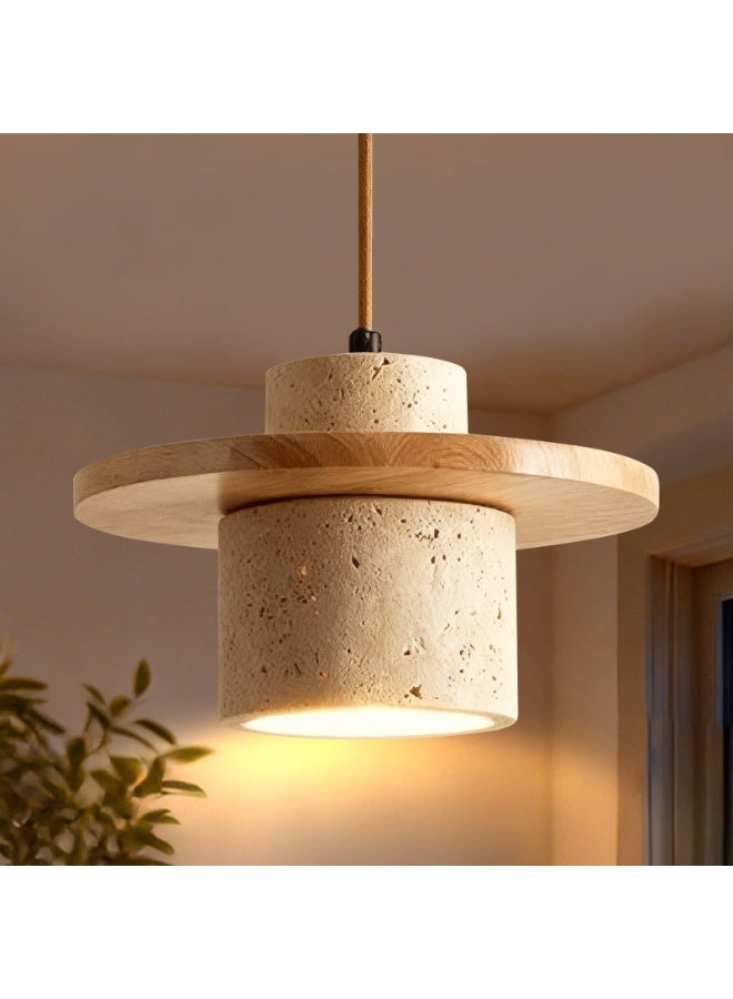 Wabi-Sabi Style Pendant Light- Travertine and Wood Pendant Lamp - indoor Lighting, Height Adjustable, E27 Lamp Holder, with Bulb Light Source, Natural Texture, Suitable For Dining Room/Bedroom/Living Room/Kitchen Island. - Image 1