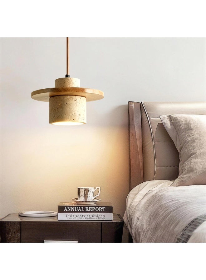 Wabi-Sabi Style Pendant Light- Travertine and Wood Pendant Lamp - indoor Lighting, Height Adjustable, E27 Lamp Holder, with Bulb Light Source, Natural Texture, Suitable For Dining Room/Bedroom/Living Room/Kitchen Island. - Image 2