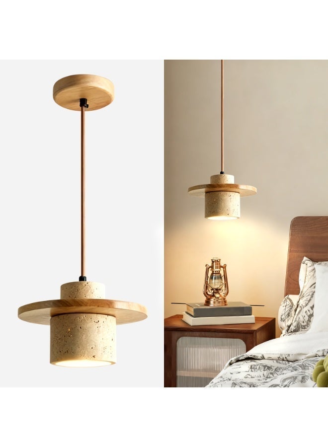 Wabi-Sabi Style Pendant Light- Travertine and Wood Pendant Lamp - indoor Lighting, Height Adjustable, E27 Lamp Holder, with Bulb Light Source, Natural Texture, Suitable For Dining Room/Bedroom/Living Room/Kitchen Island. - Image 3