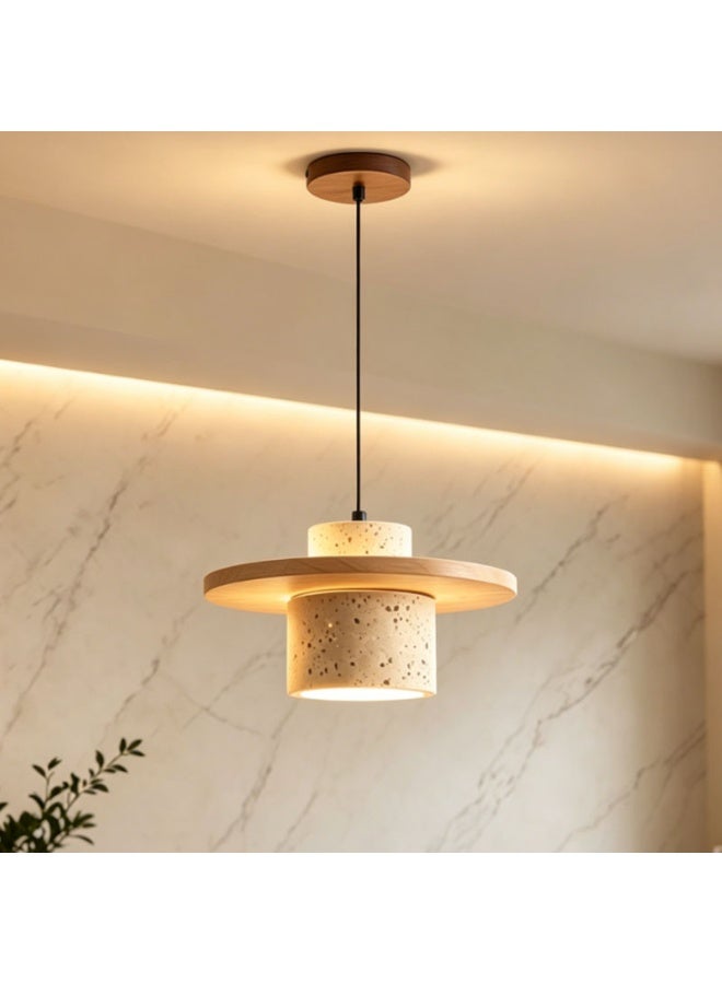 Wabi-Sabi Style Pendant Light- Travertine and Wood Pendant Lamp - indoor Lighting, Height Adjustable, E27 Lamp Holder, with Bulb Light Source, Natural Texture, Suitable For Dining Room/Bedroom/Living Room/Kitchen Island. - Image 1