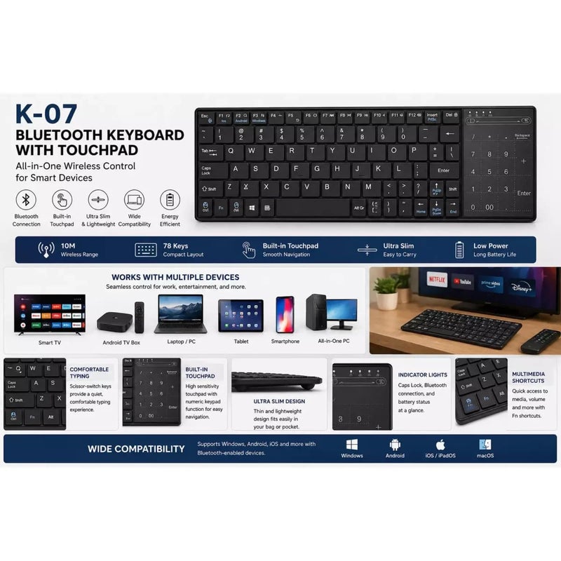 Bluetooth Mini Keyboard with Touchpad - Wireless Portable for Android, iOS, Windows PC Tablet - Image 1