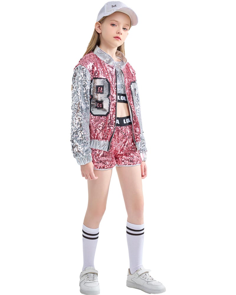 LOLANTA Girls Sequin Dance Costume 4 Piece Set Kids Hip Hop Jazz Modern Dancing Outfits (Pink, 12-14) - Image 3