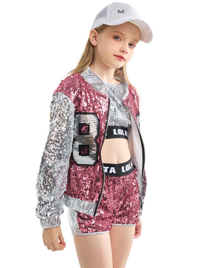 LOLANTA Girls Sequin Dance Costume 4 Piece Set Kids Hip Hop Jazz Modern Dancing Outfits (Pink, 12-14) - Image 1