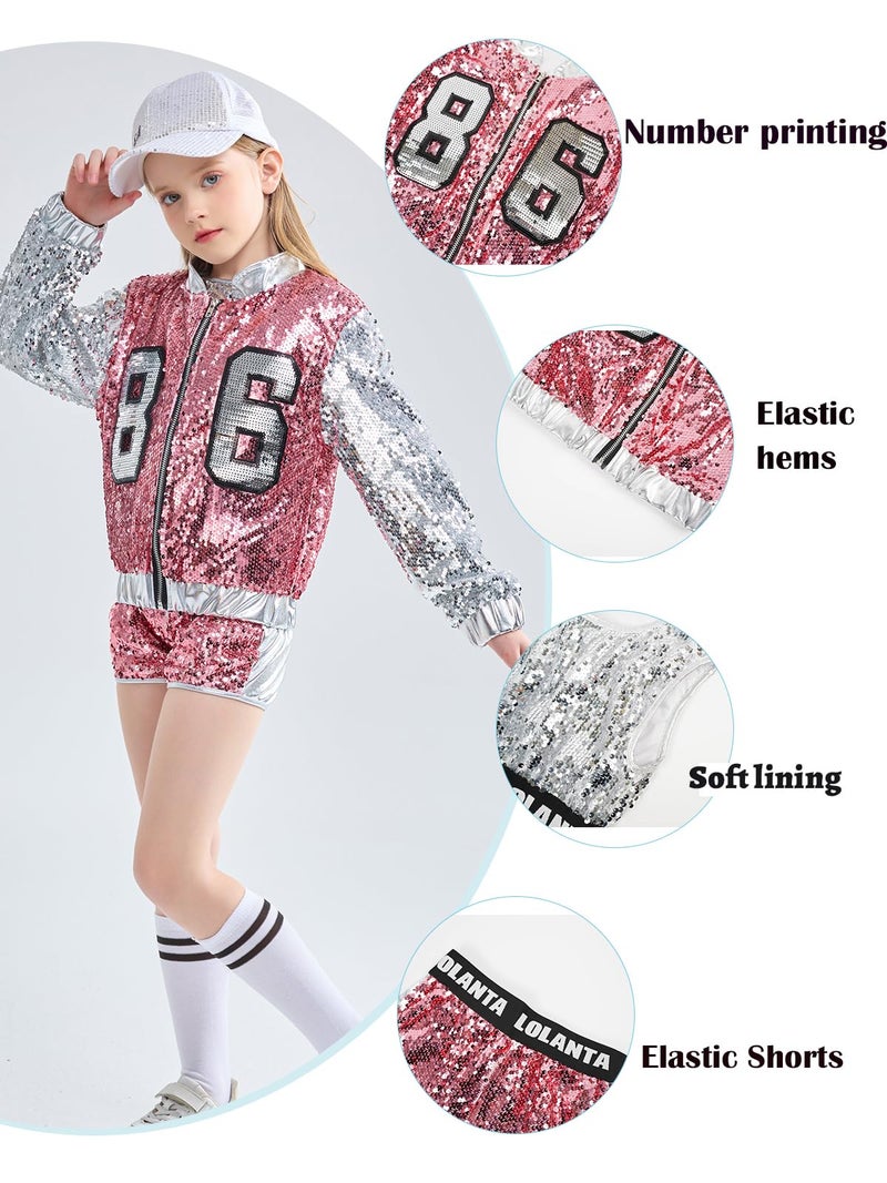 LOLANTA Girls Sequin Dance Costume 4 Piece Set Kids Hip Hop Jazz Modern Dancing Outfits (Pink, 12-14) - Image 2