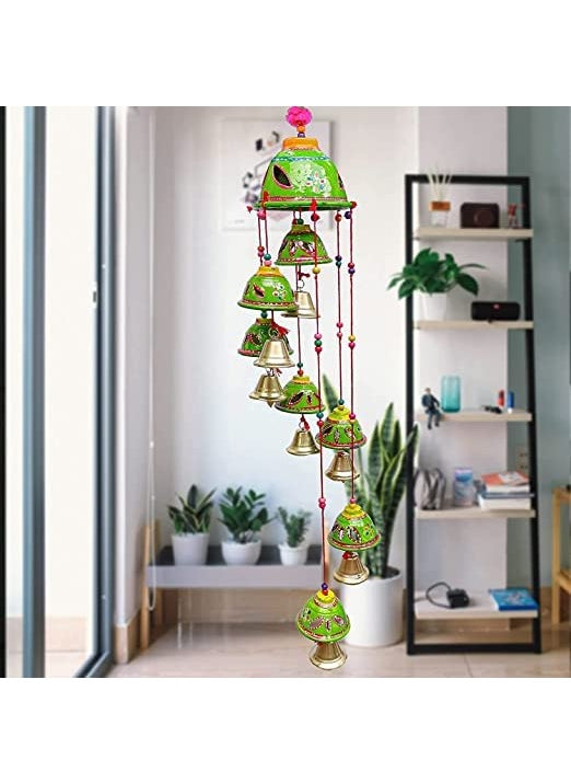 ADITYA IMPEX ADITYA IMPEX Handicraft rajasthane Wooden Colored Bells Desing Decorative showpice Wind Chimes for Home Balcony Garden Positive Energy Home Decor Hanging Long Bells 7 BellsSet of 1 Piece Green  - Image 3