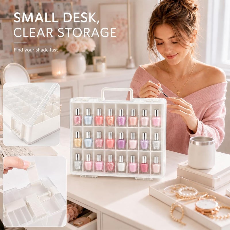 ALCYON Clear Nail Polish Organizer Case, 48-Compartment Double-Sided Nail Polish Storage Box with Adjustable Dividers, Portable Plastic Holder for Gel Polish Bottles, Nail Art Supplies, Jewelry (White) - Image 5