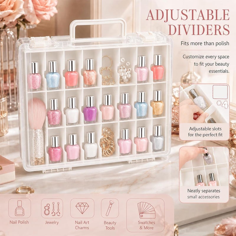 ALCYON Clear Nail Polish Organizer Case, 48-Compartment Double-Sided Nail Polish Storage Box with Adjustable Dividers, Portable Plastic Holder for Gel Polish Bottles, Nail Art Supplies, Jewelry (White) - Image 3