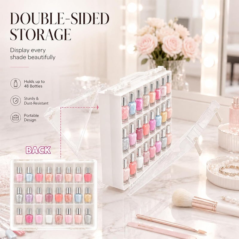 ALCYON Clear Nail Polish Organizer Case, 48-Compartment Double-Sided Nail Polish Storage Box with Adjustable Dividers, Portable Plastic Holder for Gel Polish Bottles, Nail Art Supplies, Jewelry (White) - Image 2