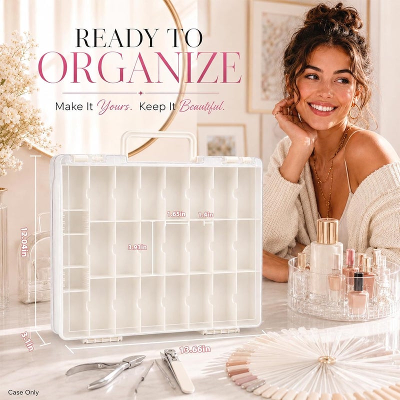 ALCYON Clear Nail Polish Organizer Case, 48-Compartment Double-Sided Nail Polish Storage Box with Adjustable Dividers, Portable Plastic Holder for Gel Polish Bottles, Nail Art Supplies, Jewelry (White) - Image 4