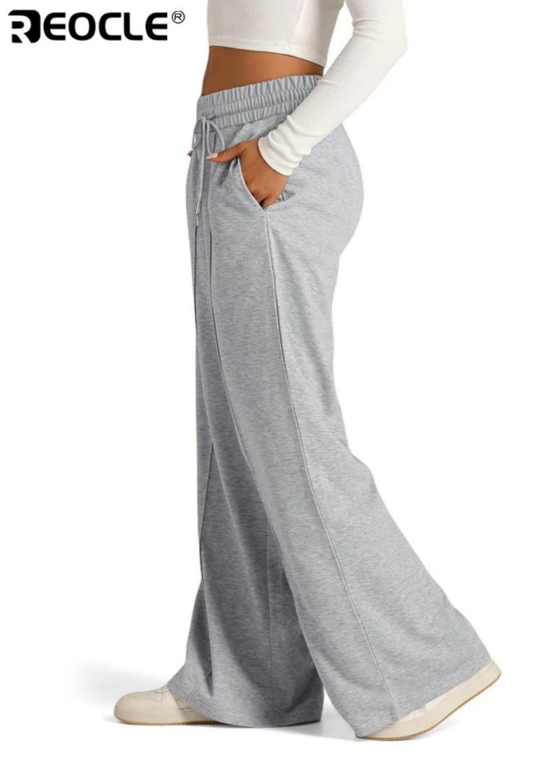 REOCLE Women's Wide Leg Sweatpants High Waisted Baggy Lounge Pants Drawstring Athletic Flared Joggers with Pockets for Yoga Gym Lounge Wear - Image 3