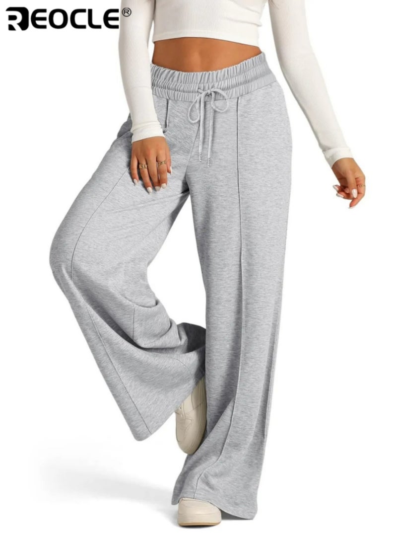 REOCLE Women's Wide Leg Sweatpants High Waisted Baggy Lounge Pants Drawstring Athletic Flared Joggers with Pockets for Yoga Gym Lounge Wear - Image 2