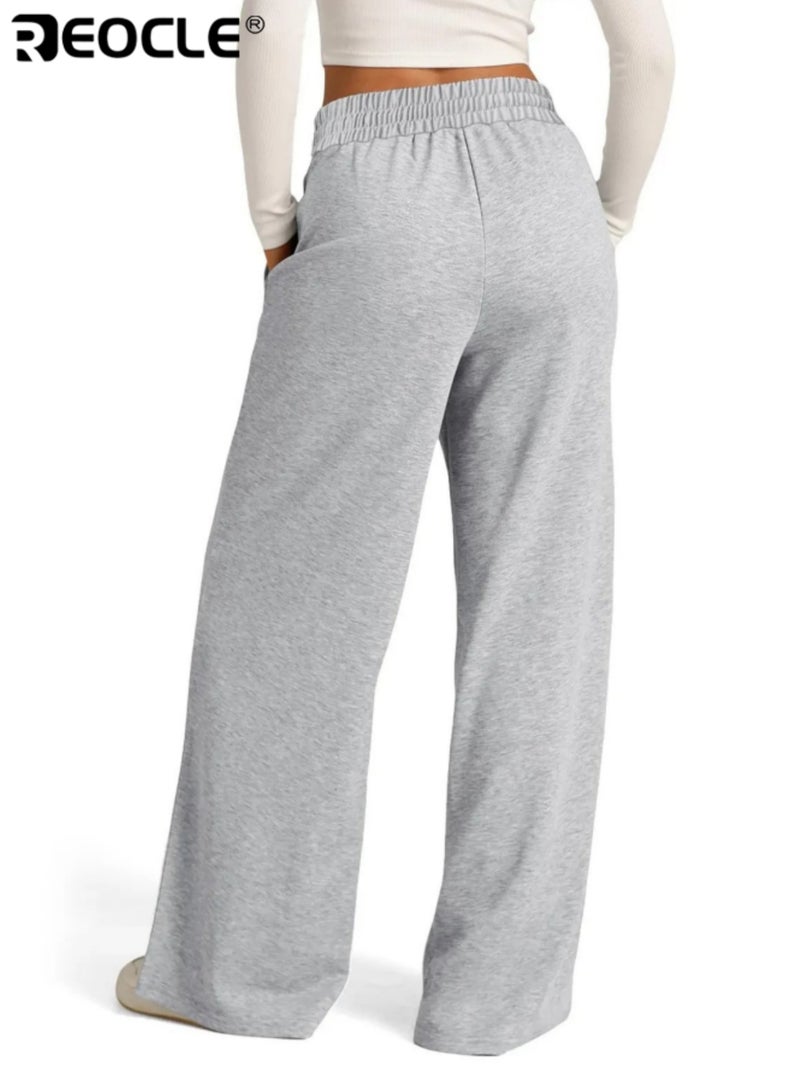 REOCLE Women's Wide Leg Sweatpants High Waisted Baggy Lounge Pants Drawstring Athletic Flared Joggers with Pockets for Yoga Gym Lounge Wear - Image 4