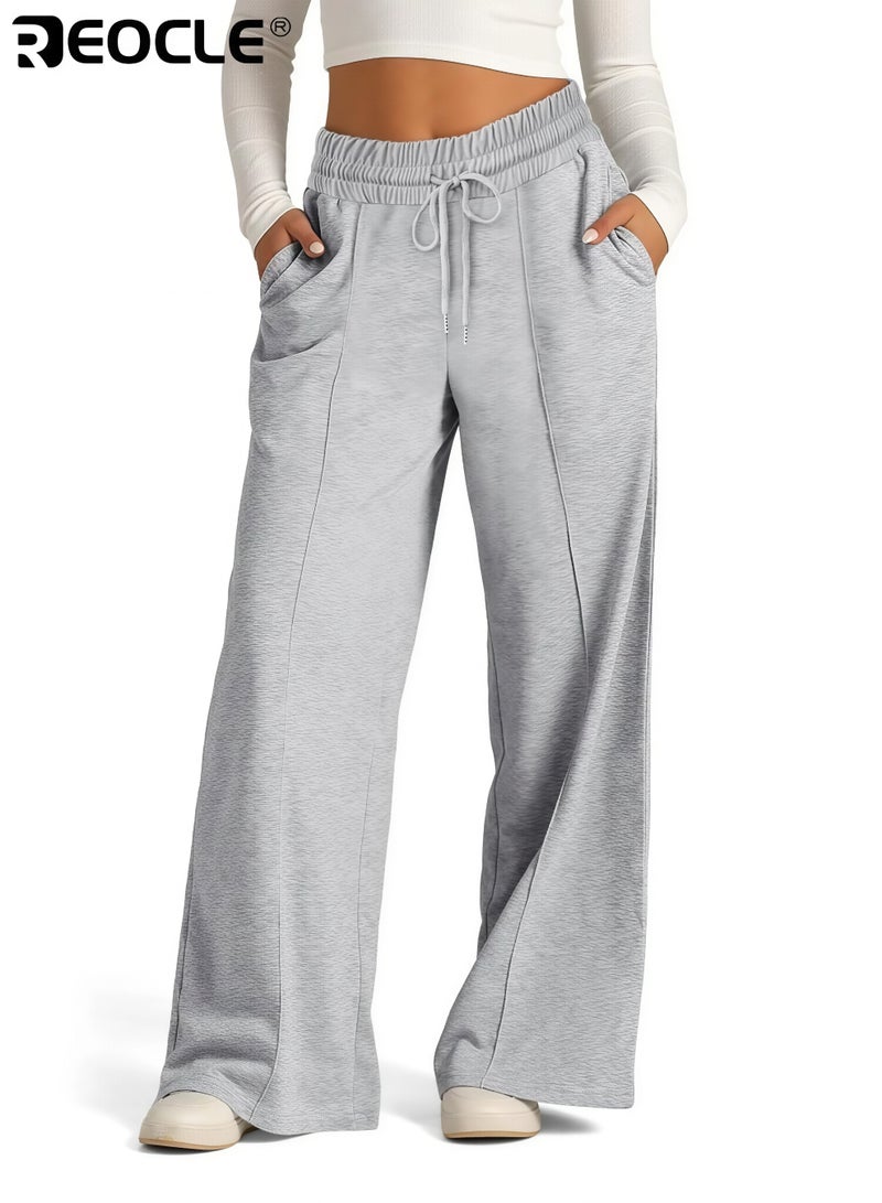 REOCLE Women's Wide Leg Sweatpants High Waisted Baggy Lounge Pants Drawstring Athletic Flared Joggers with Pockets for Yoga Gym Lounge Wear - Image 1