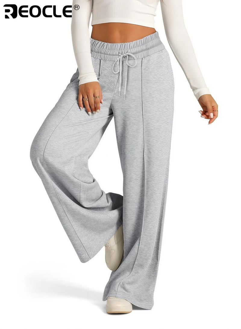 REOCLE Women's Wide Leg Sweatpants High Waisted Baggy Lounge Pants Drawstring Athletic Flared Joggers with Pockets for Yoga Gym Lounge Wear - Image 2