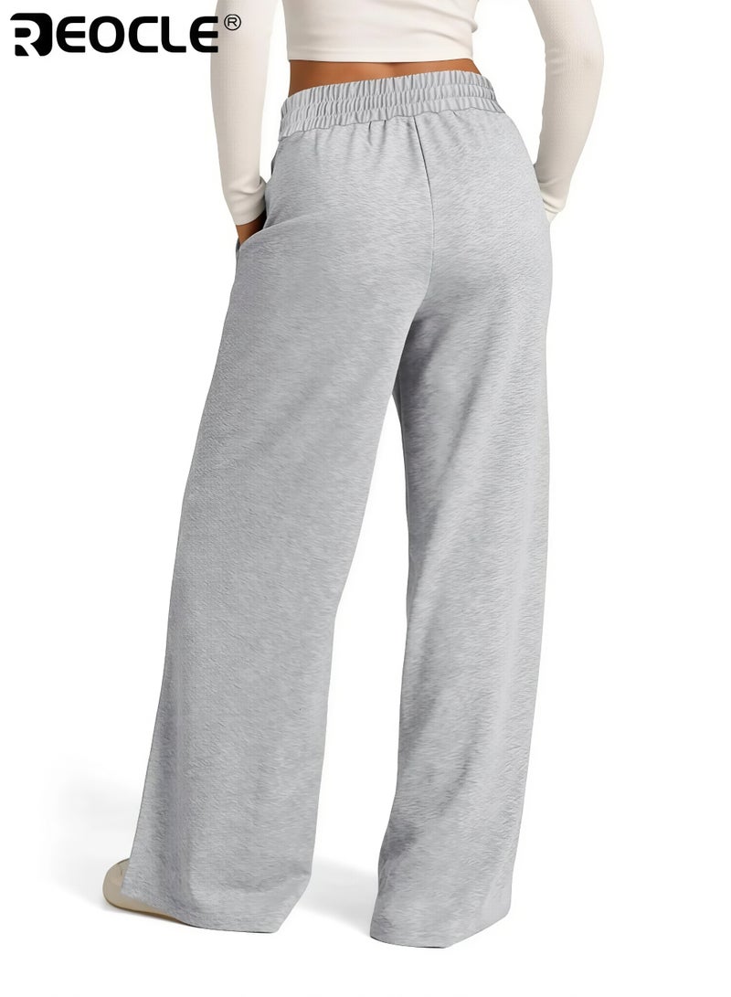 REOCLE Women's Wide Leg Sweatpants High Waisted Baggy Lounge Pants Drawstring Athletic Flared Joggers with Pockets for Yoga Gym Lounge Wear - Image 4