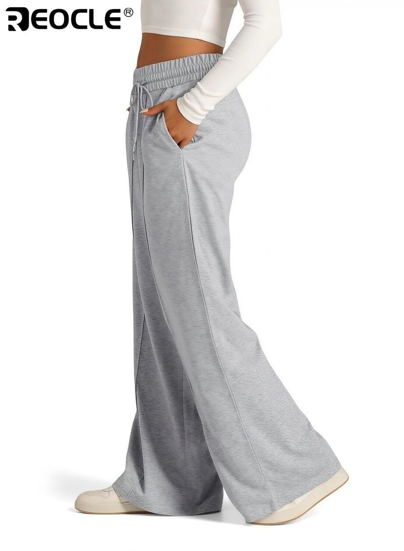 REOCLE Women's Wide Leg Sweatpants High Waisted Baggy Lounge Pants Drawstring Athletic Flared Joggers with Pockets for Yoga Gym Lounge Wear - Image 3
